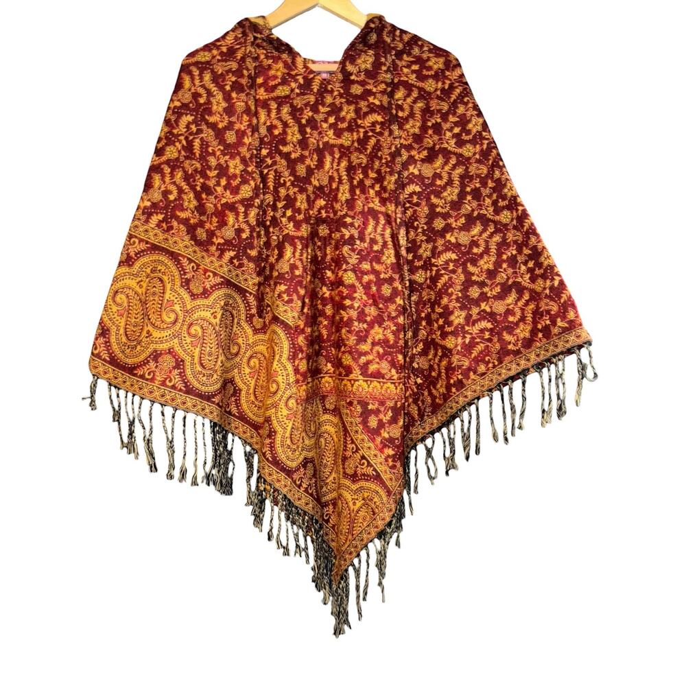 Coline Paisley Poncho One Sz Boho Hippie Fringe Blanket Hooded Red Gold Festival